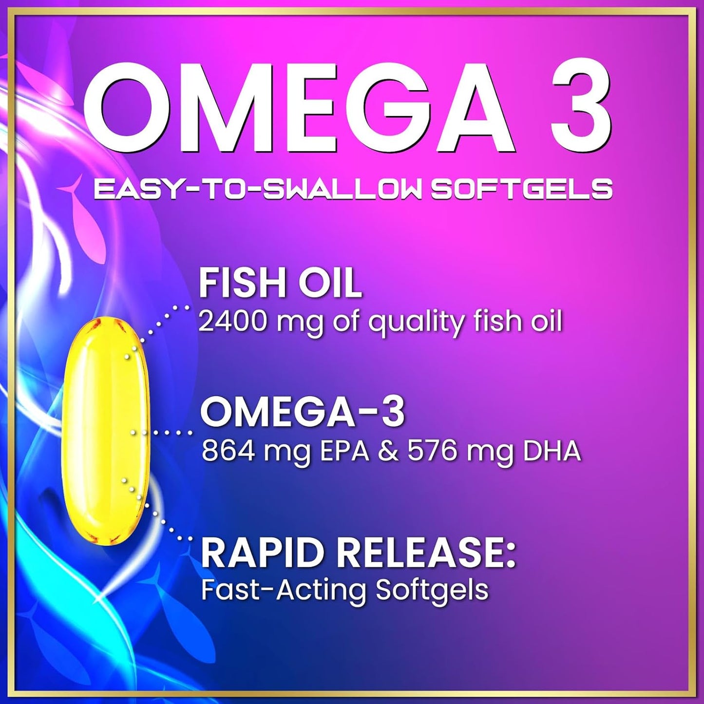 Omega 3 Fish Oil Triple Strength Softgels 2400 mg for Heart, Brain & Joint Support - Natural Omega-3 Supplement with EPA & DHA - 60 Rapid Release Softgels