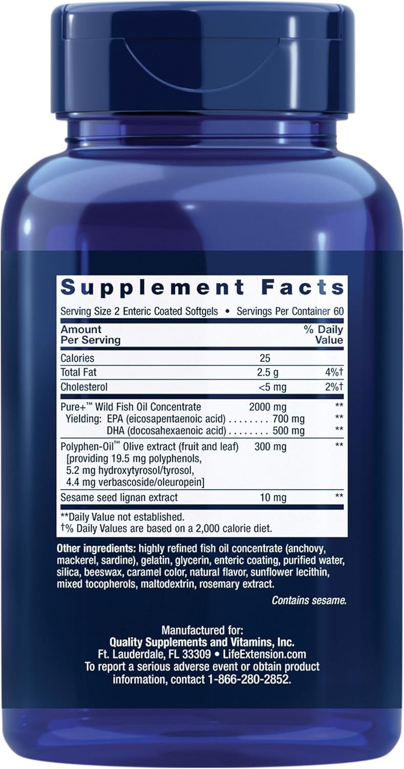 Omega-3 Fish Oil with Sesame Lignans & Olive Extract for Heart, Brain, and Inflammation Health - 120 Softgels, Gluten-Free, Non-GMO, Enteric-Coated