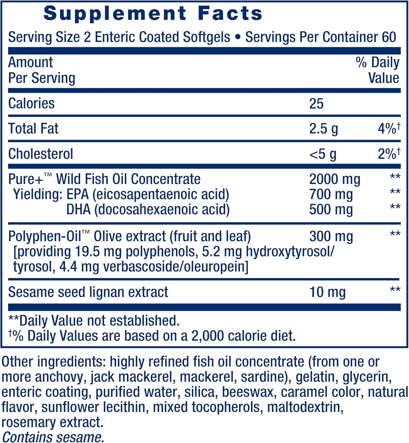 Omega-3 Fish Oil with Sesame Lignans & Olive Extract for Heart, Brain, and Inflammation Health - 120 Softgels, Gluten-Free, Non-GMO, Enteric-Coated