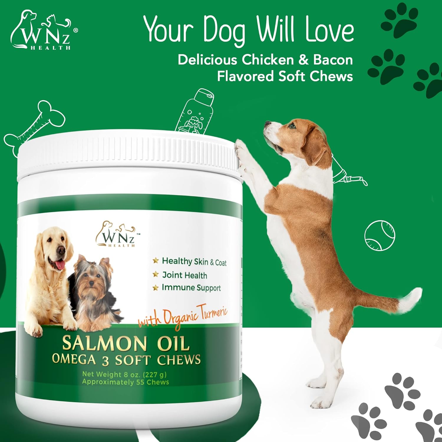 Omega 3 Skin and Coat Chews for Dogs - Salmon Oil Supplement for Joint Pain, Immune Support - Chewable Treats for Itchy Skin Relief - 55 Chews, 8 Oz