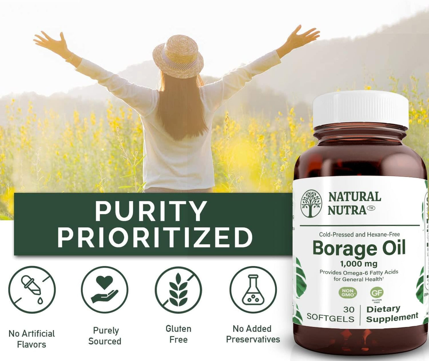 Omega 6 Borage Oil Softgels for Skin, Heart, and Nerve Health - 30 Count