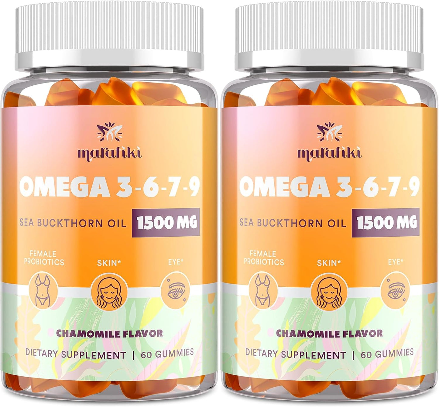 Omega-7 Sea Buckthorn Oil Gummies for Women - Omega 3 6 7 9 Supplement with Flaxseed Oil, Evening Primrose Oil, Vitamins E, A & Probiotics - Skin, Eye & Dryness Support - Chamomile Flavor - 120 Gummies