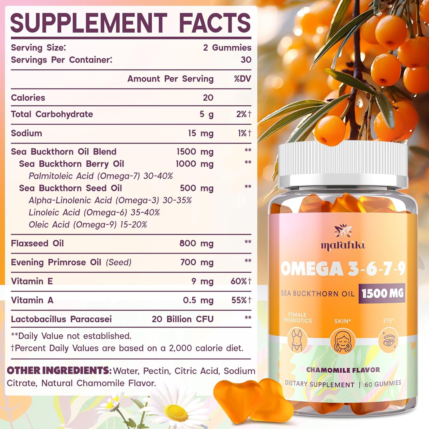 Omega-7 Sea Buckthorn Oil Gummies for Women - Omega 3 6 7 9 Supplement with Flaxseed Oil, Evening Primrose Oil, Vitamins E, A & Probiotics - Skin, Eye & Dryness Support - Chamomile Flavor - 120 Gummies