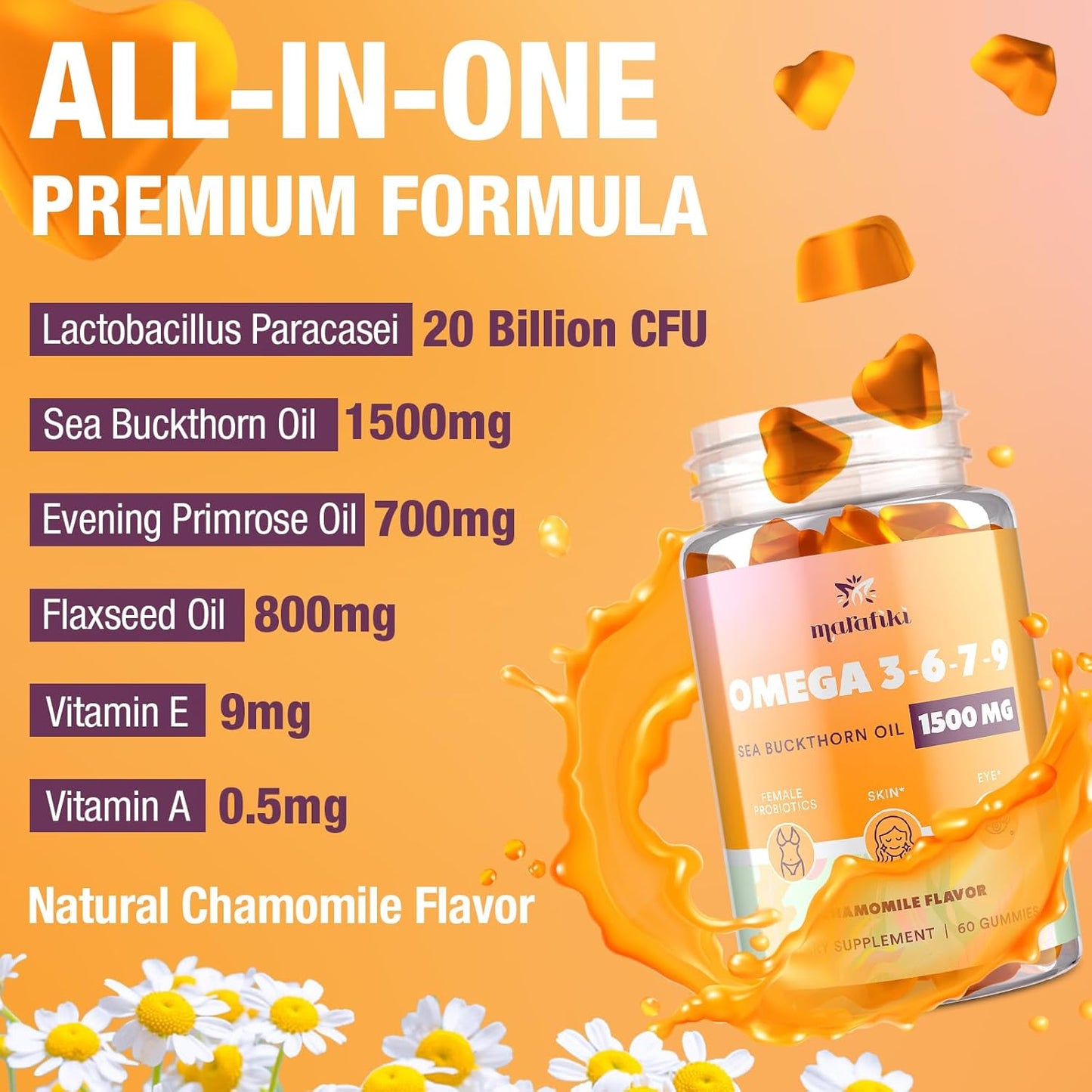 Omega-7 Sea Buckthorn Oil Gummies for Women - Omega 3 6 7 9 Supplement with Flaxseed Oil, Evening Primrose Oil, Vitamins E, A & Probiotics - Skin, Eye & Dryness Support - Chamomile Flavor - 120 Gummies