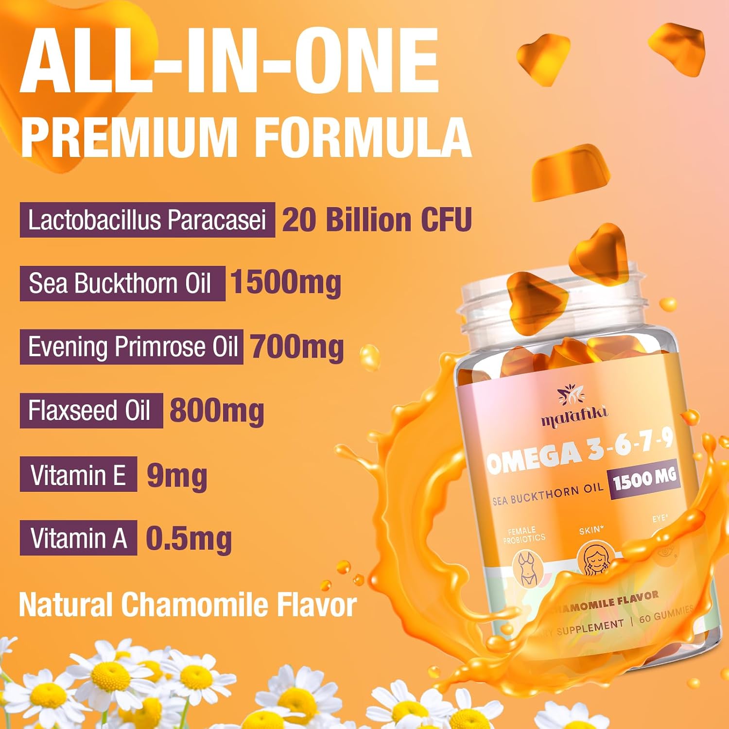 Omega-7 Sea Buckthorn Oil Gummies for Women - Omega 3 6 7 9 Supplement with Flaxseed Oil, Evening Primrose Oil, Vitamins E, A & Probiotics - Skin, Eye & Dryness Support - Chamomile Flavor - 120 Gummies