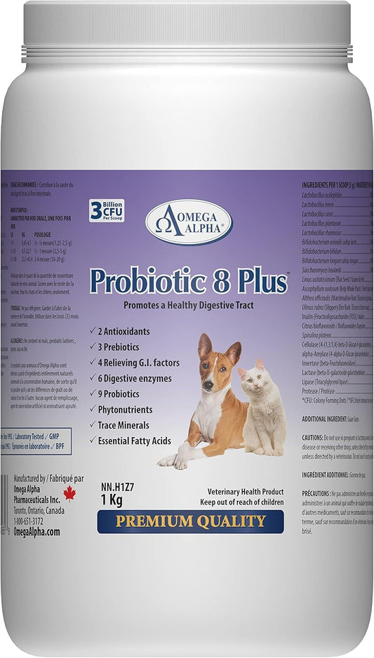 Omega Alpha Probiotic 8 Plus Pet Probiotics with Enzymes & Fiber - Natural Herbal Digestive Supplement for Cats & Dogs - 1kg, 1000g