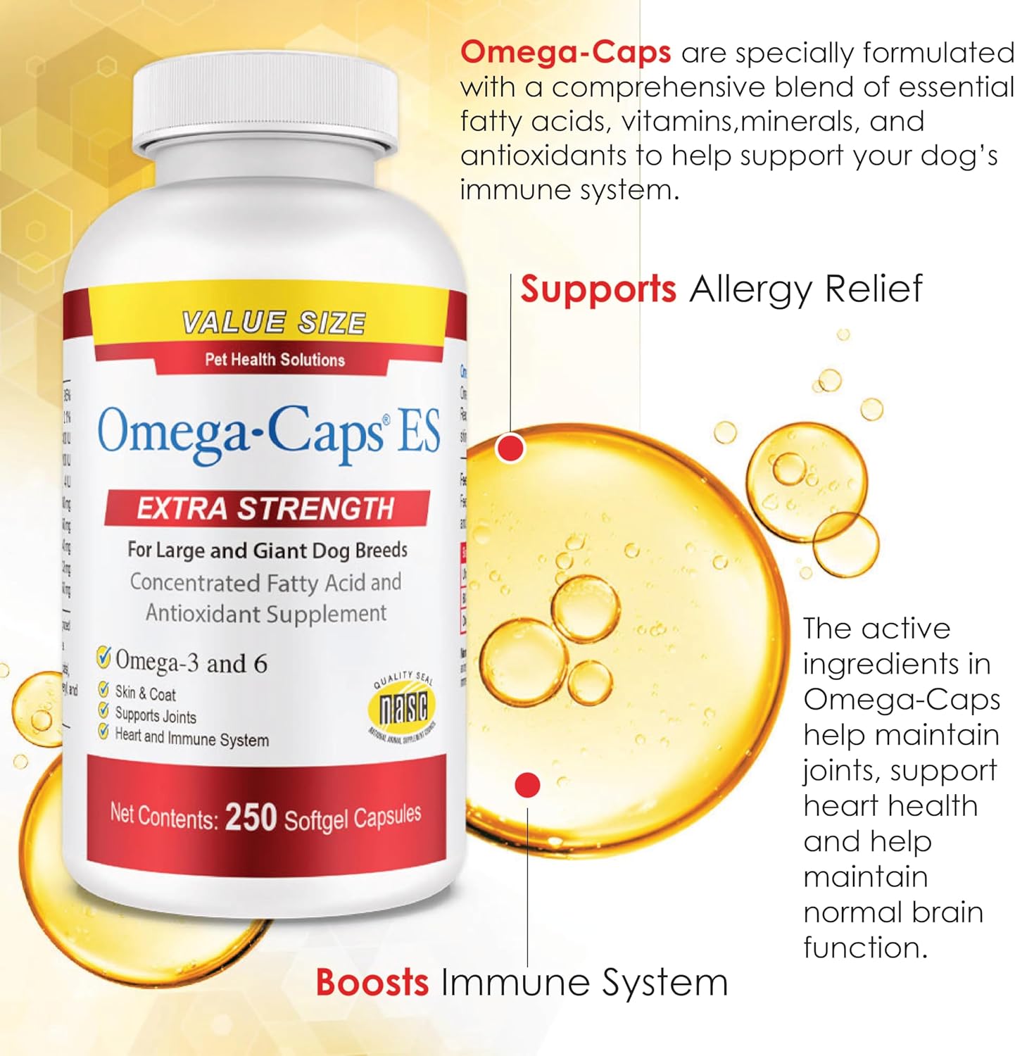Omega-Caps ES for Large & Giant Dogs - Support Immune System, Joints, Heart, and Brain - 250 Softgel Capsules for Pet Health