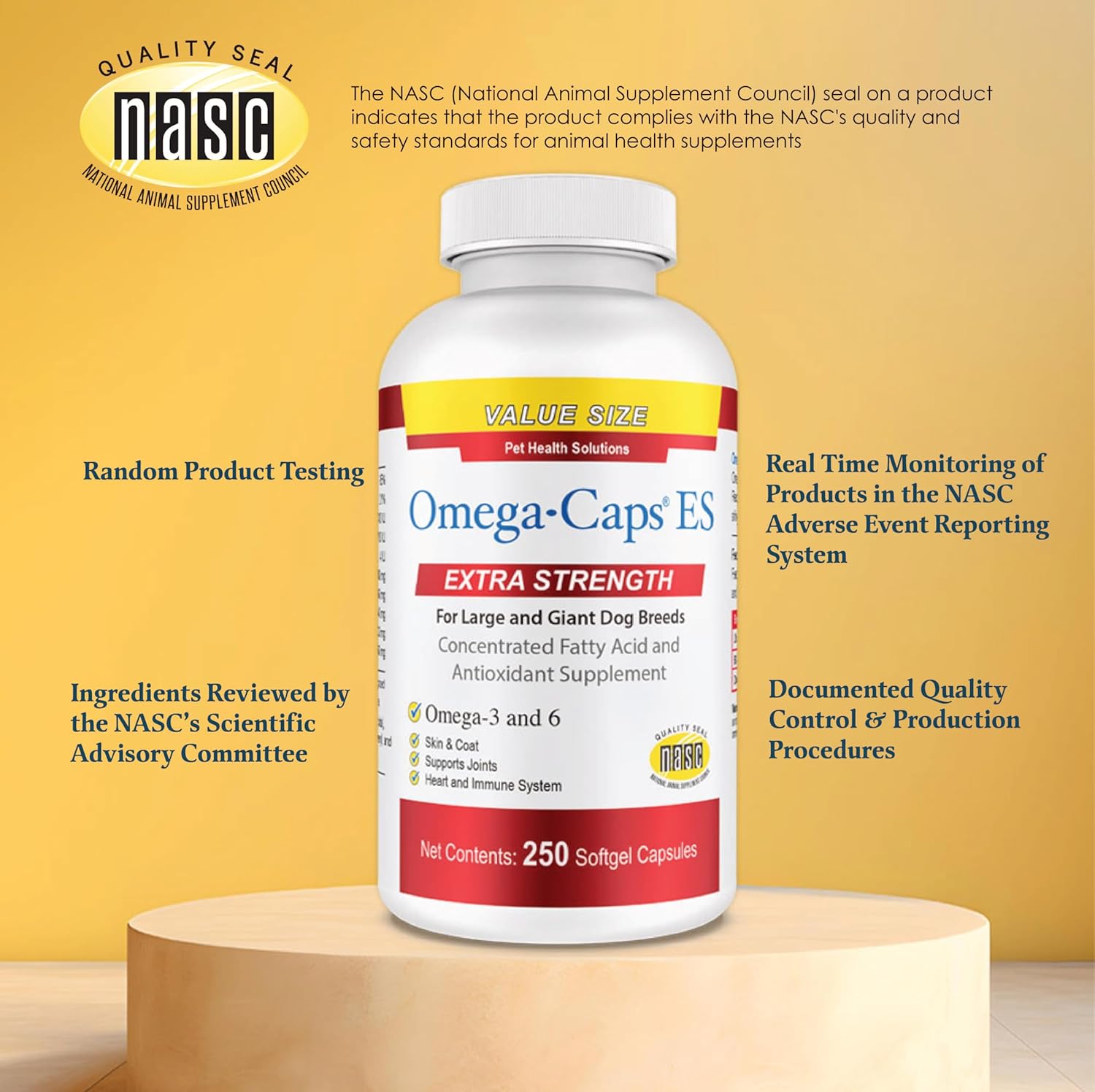 Omega-Caps ES for Large & Giant Dogs - Support Immune System, Joints, Heart, and Brain - 250 Softgel Capsules for Pet Health