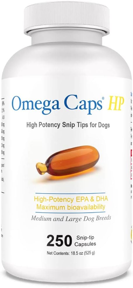 Omega-Caps High Potency Snip Tips for Medium to Large Breeds - 250 CT Soft Gel Capsules with Omega 3 for Healthy Skin & Coat, Joint & Immune Support