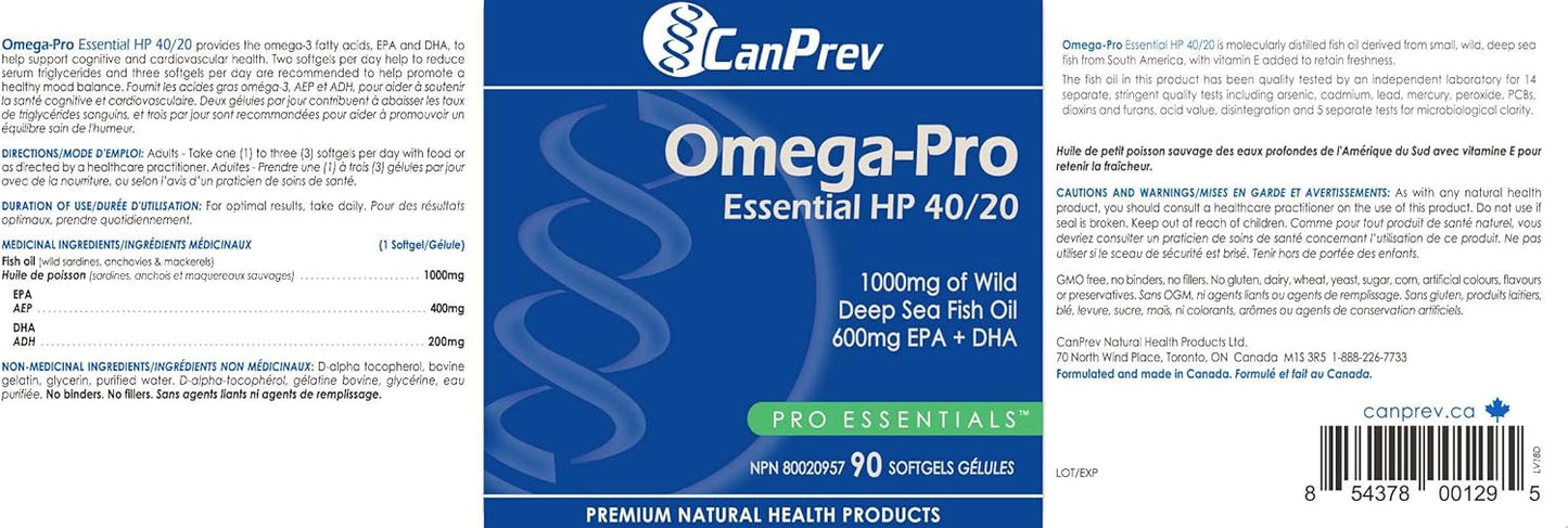 Omega-Pro Essential HP 40/20 Softgels - 90 Count by CanPrev - High Potency Omega-3 Supplement