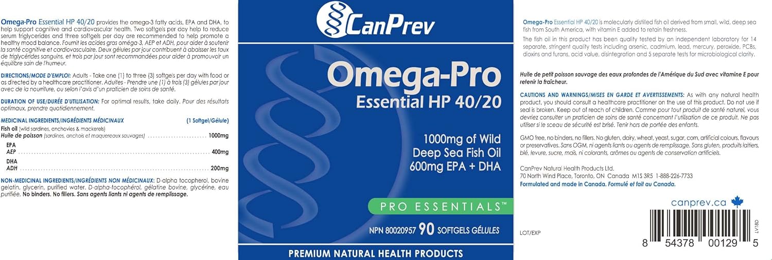Omega-Pro Essential HP 40/20 Softgels - 90 Count by CanPrev - High Potency Omega-3 Supplement