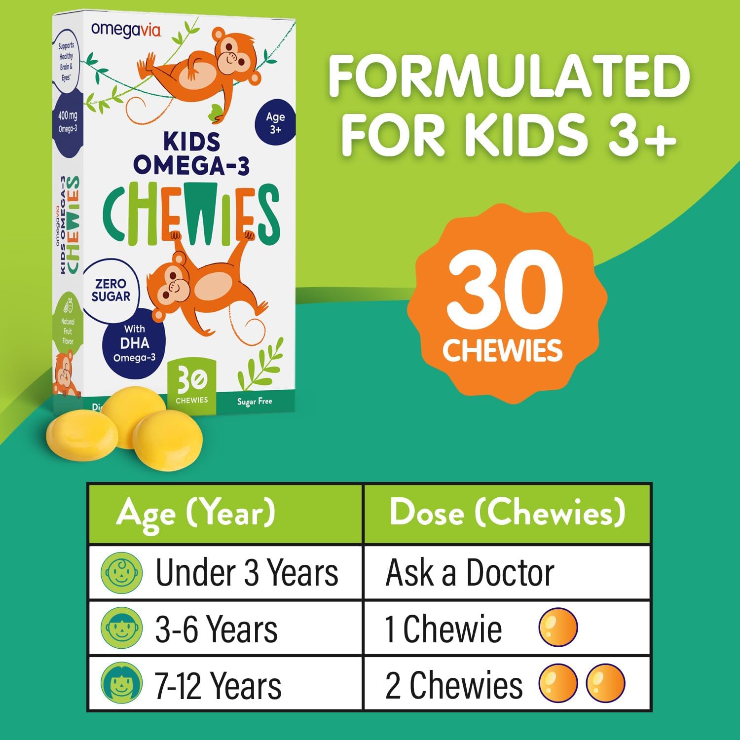 OmegaVia Ultra-High DHA Omega 3 Gummies for Kids - Brain & Eye Health Support - Sugar-Free Natural Fruit Flavor - 30 Count Omega 3 Fish Oil Gummies