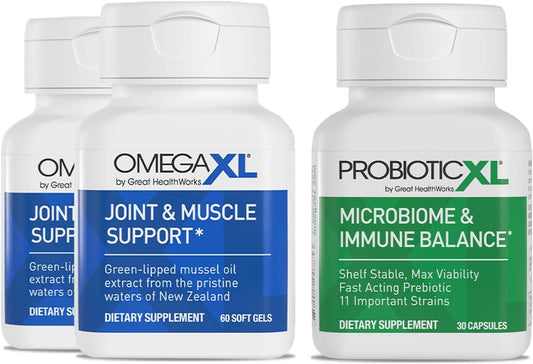 OmegaXL Joint & Muscle Support Supplement 2 Pack + Probiotic XL - Promotes Healthy Gut Flora Growth