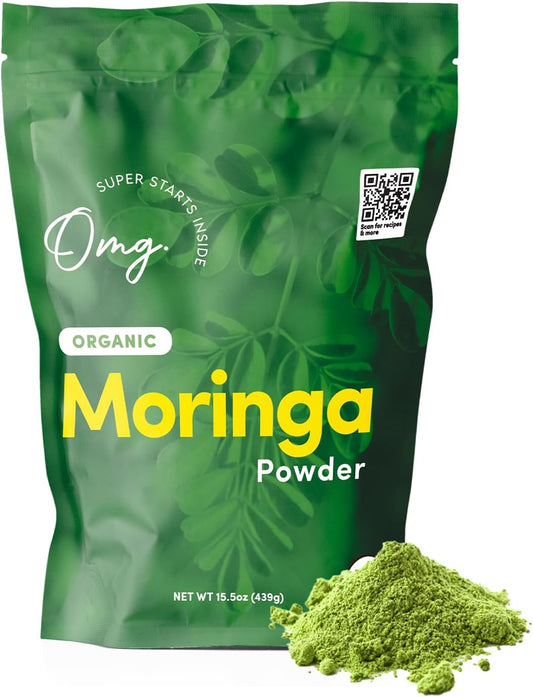 OMG! Superfoods Organic Moringa Powder - USDA Certified, 100% Pure Source of Calcium, Iron, Vitamin A, E - 15.5oz