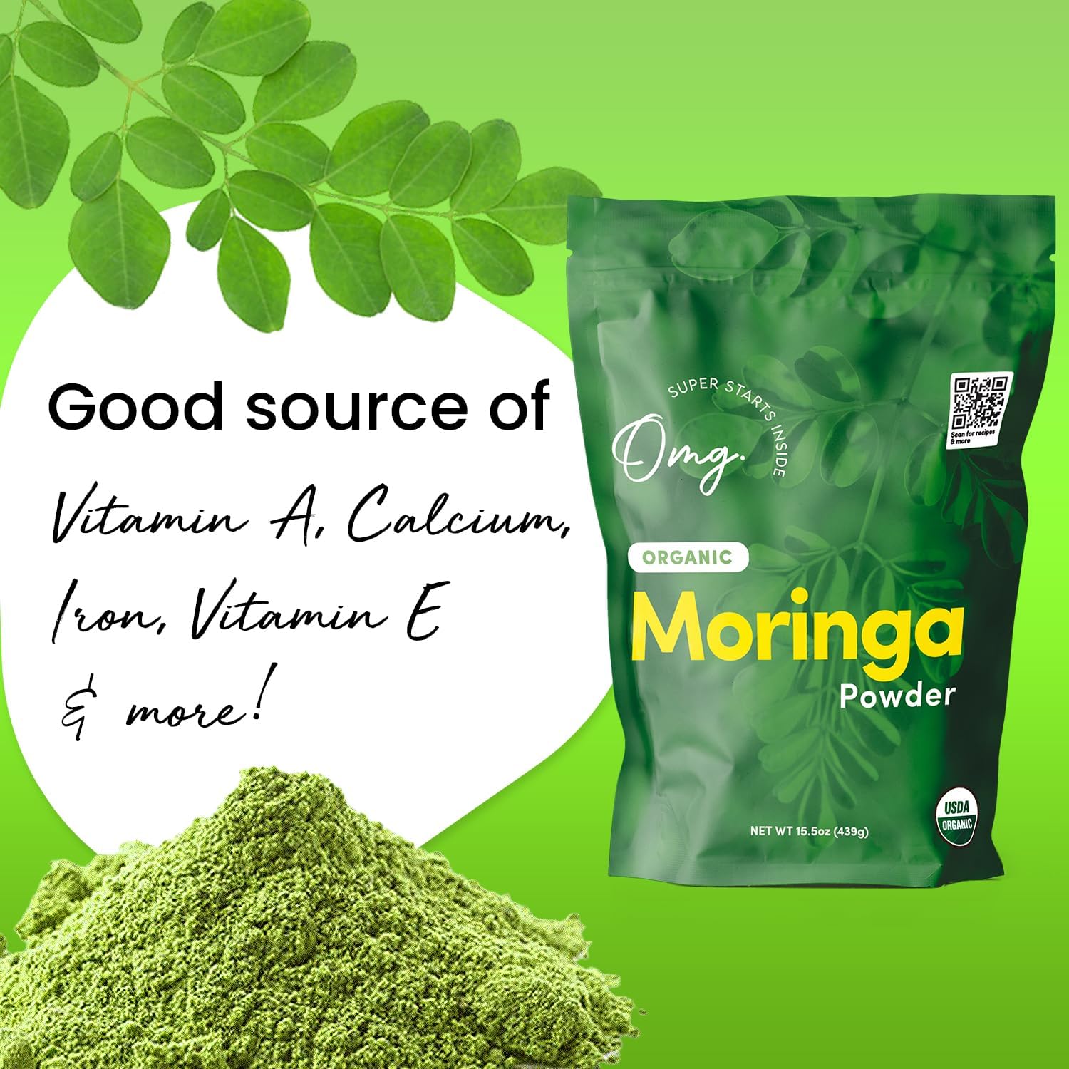 OMG! Superfoods Organic Moringa Powder - USDA Certified, 100% Pure Source of Calcium, Iron, Vitamin A, E - 15.5oz