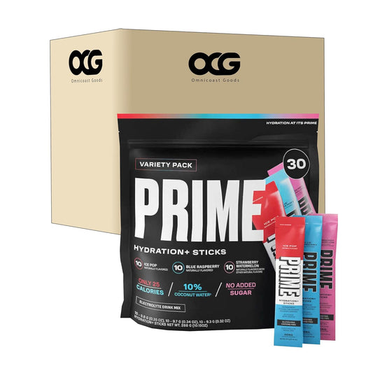 OMNICOAST GOODS OCG Assortment Prime Hydration+ Sticks Electrolyte Drink Mix Variety Pack 30-Count Ice Pop Blue Raspberry Strawberry Watermelon No Sugar Caffeine Free by OCG