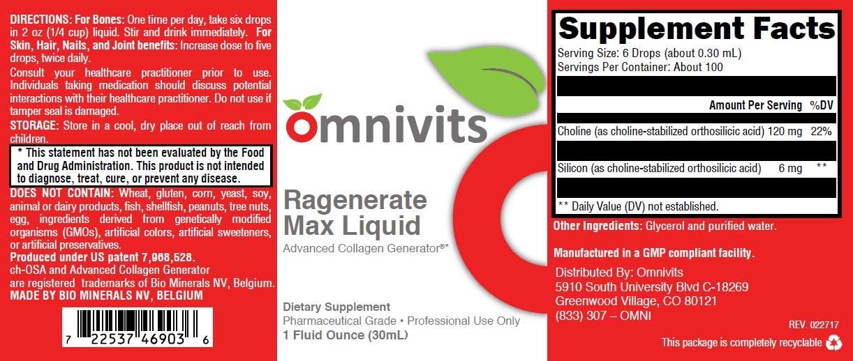 Omnivits Regenerate MAX Liquid Collagen Generator with Choline - Beauty, Hair, Nails, Bone Flexibility, Joint Health - Anti-Aging Formula - 1Fl Oz