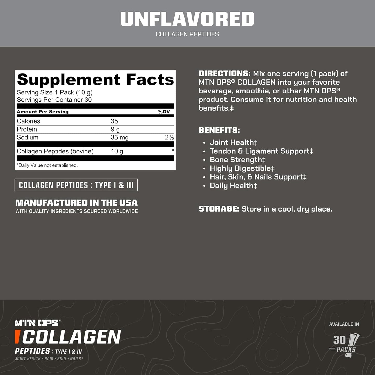 On-The-Go MTN OPS Collagen Protein Powder Packs - 30 Packs, Unflavored & Highly Digestible with 9g Protein/serving