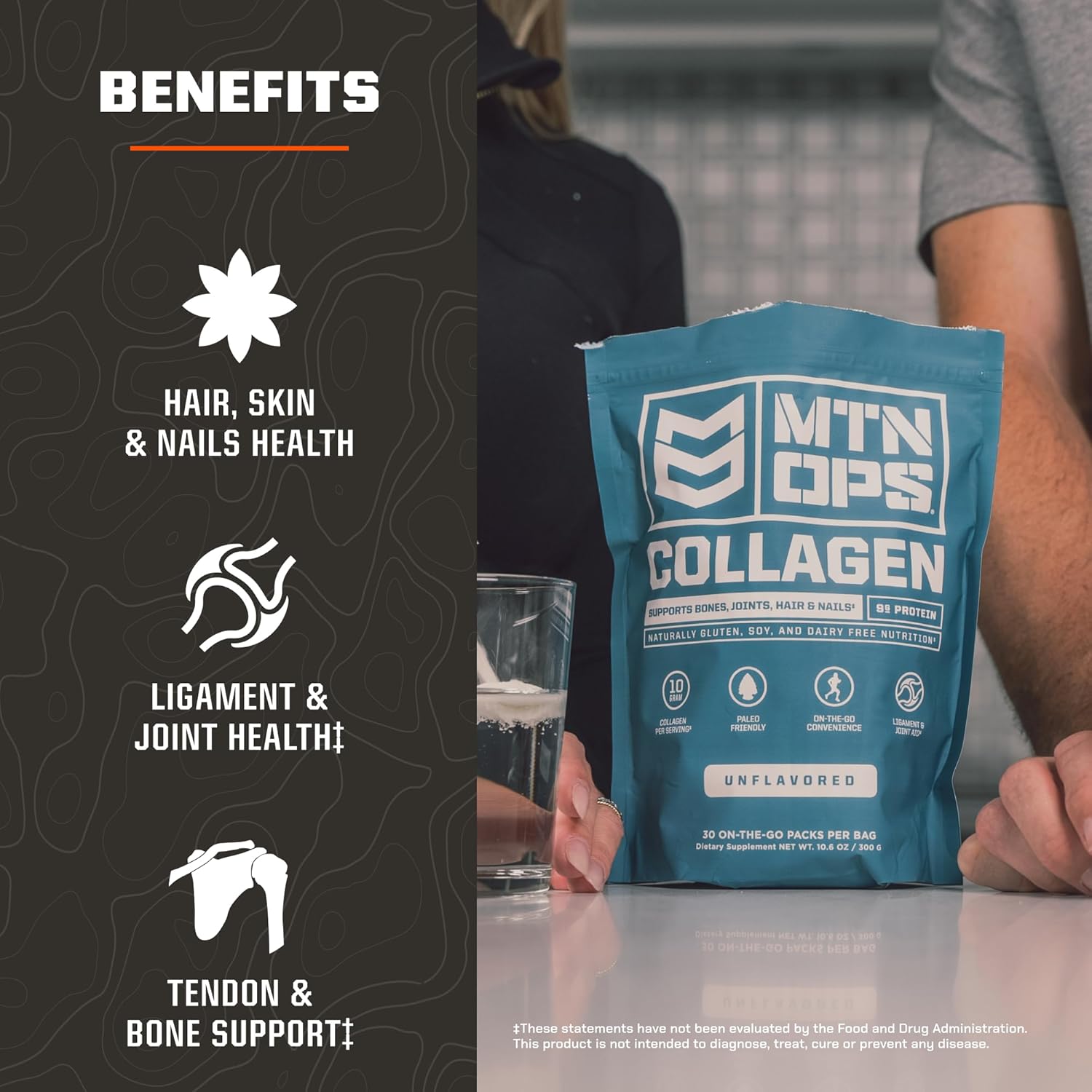 On-The-Go MTN OPS Collagen Protein Powder Packs - 30 Packs, Unflavored & Highly Digestible with 9g Protein/serving