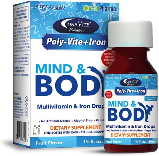One Vite Akron Pharma Poly-Vite+Iron Multivitamin Drops for Infants & Toddlers - Promotes Growth, Brain Development, Immune Health - Gluten-Free, No Artificial Colors - 50mL Bottle