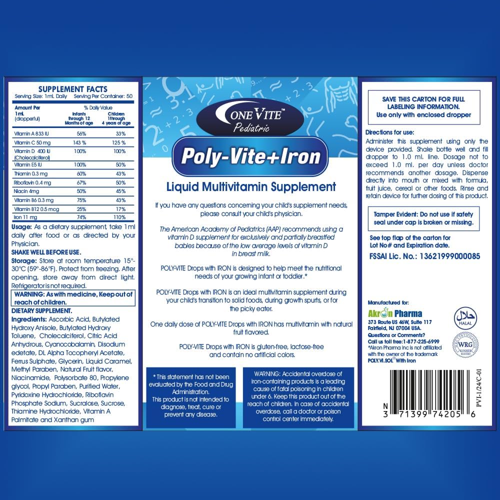 One Vite Akron Pharma Poly-Vite+Iron Multivitamin Drops for Infants & Toddlers - Promotes Growth, Brain Development, Immune Health - Gluten-Free, No Artificial Colors - 50mL Bottle