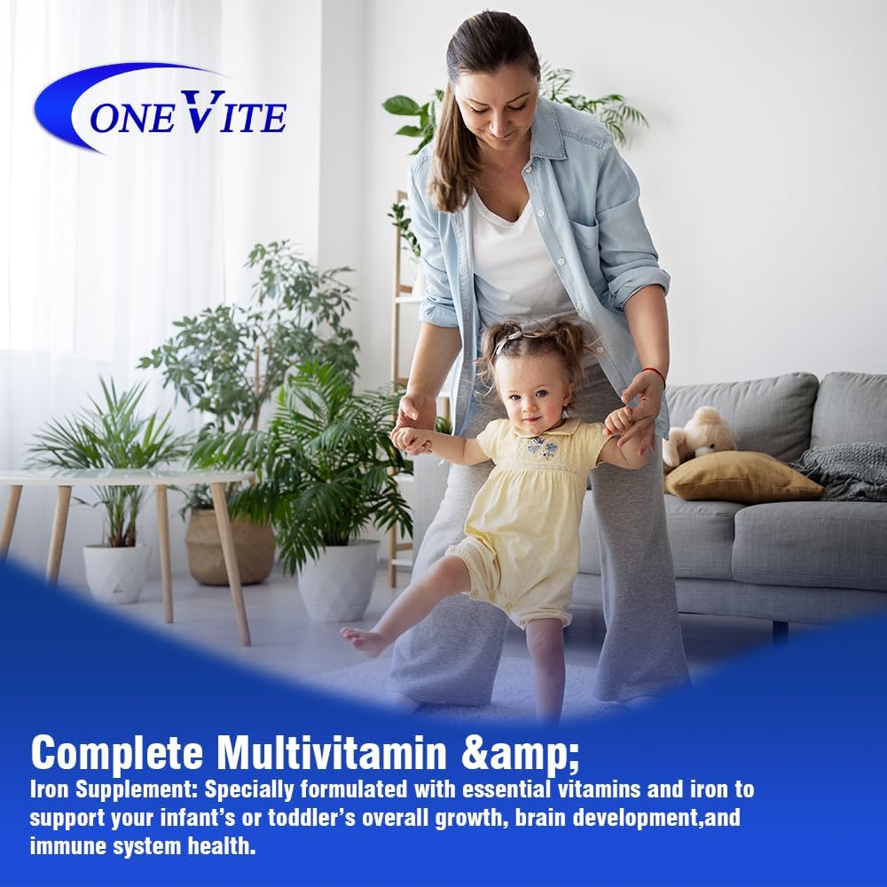 One Vite Akron Pharma Poly-Vite+Iron Multivitamin Drops for Infants & Toddlers - Promotes Growth, Brain Development, Immune Health - Gluten-Free, No Artificial Colors - 50mL Bottle