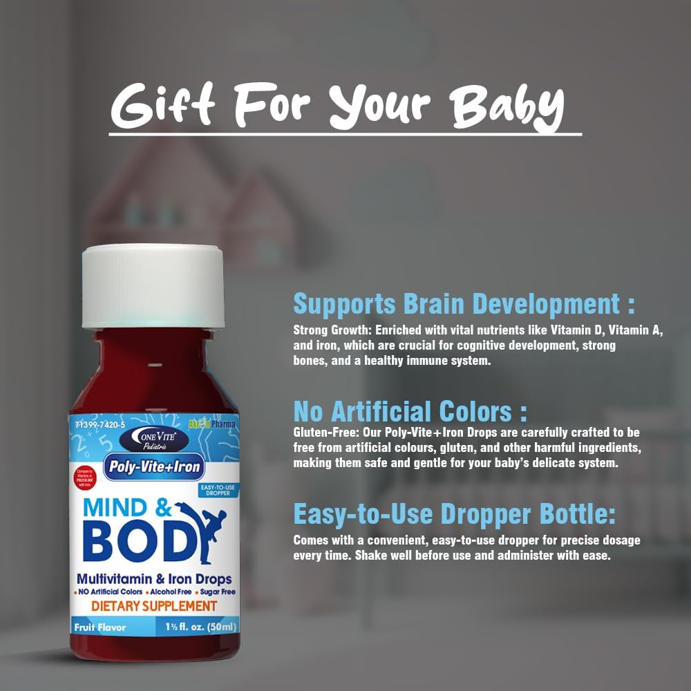 One Vite Akron Pharma Poly-Vite+Iron Multivitamin Drops for Infants & Toddlers - Promotes Growth, Brain Development, Immune Health - Gluten-Free, No Artificial Colors - 50mL Bottle