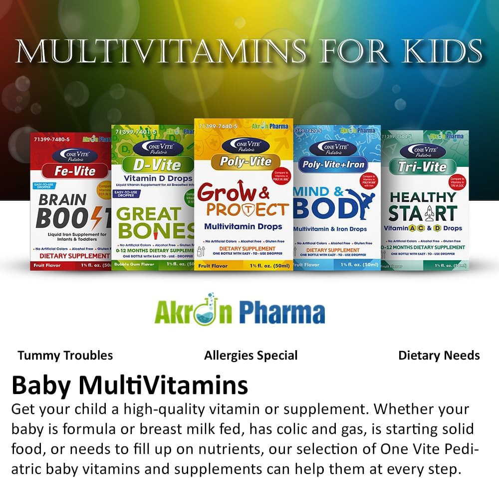One Vite Akron Pharma Poly-Vite+Iron Multivitamin Drops for Infants & Toddlers - Promotes Growth, Brain Development, Immune Health - Gluten-Free, No Artificial Colors - 50mL Bottle