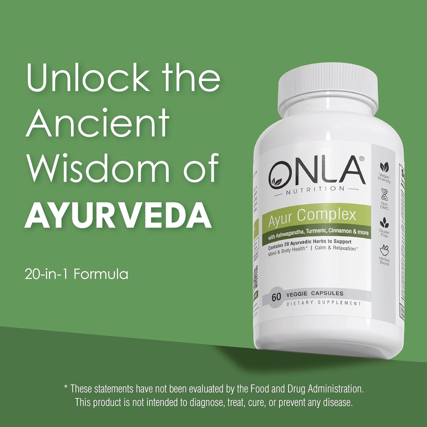 ONLA Vegan Ayurveda Herbal Supplements - Turmeric, Ashwagandha, Cinnamon, Triphala, Brahmi - Natural Energy Boost (60 Capsules)