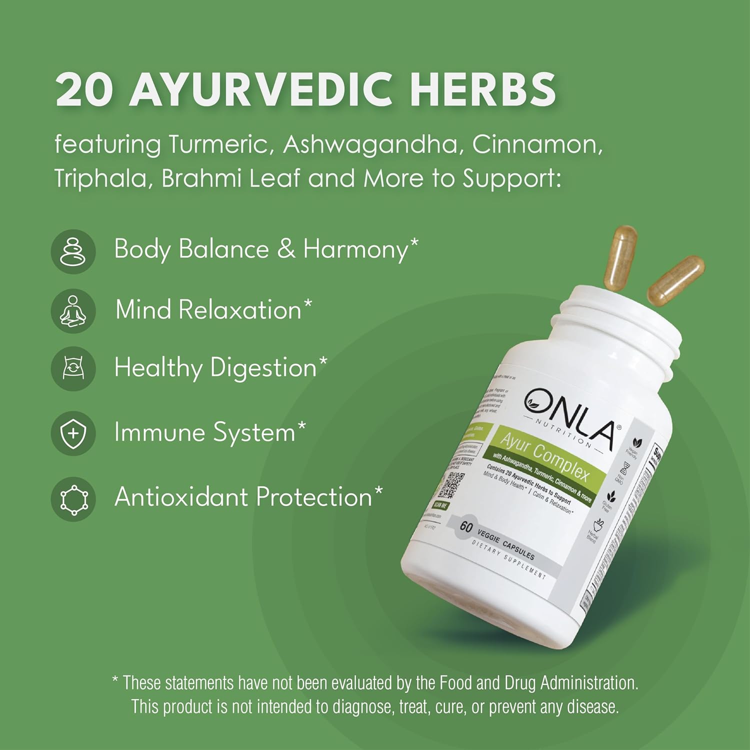 ONLA Vegan Ayurveda Herbal Supplements - Turmeric, Ashwagandha, Cinnamon, Triphala, Brahmi - Natural Energy Boost (60 Capsules)