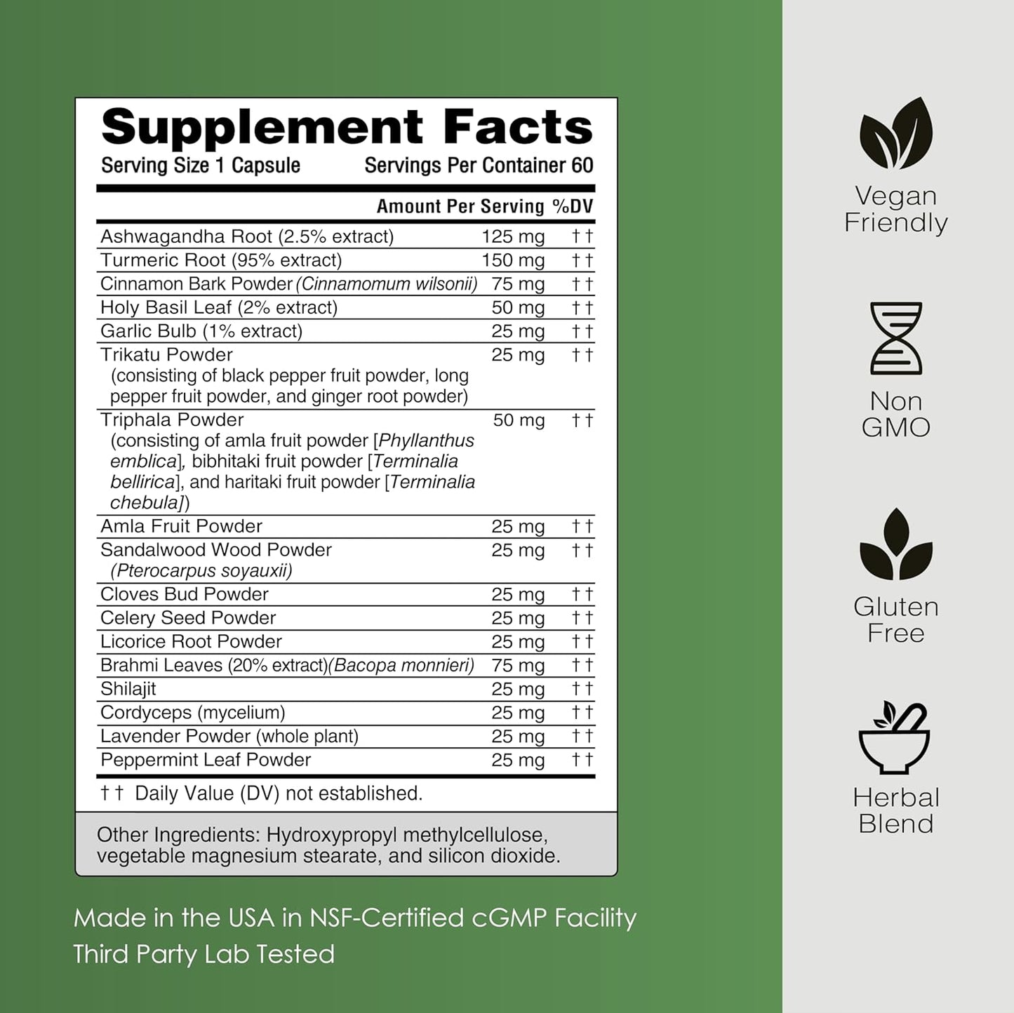 ONLA Vegan Ayurveda Herbal Supplements - Turmeric, Ashwagandha, Cinnamon, Triphala, Brahmi - Natural Energy Boost (60 Capsules)