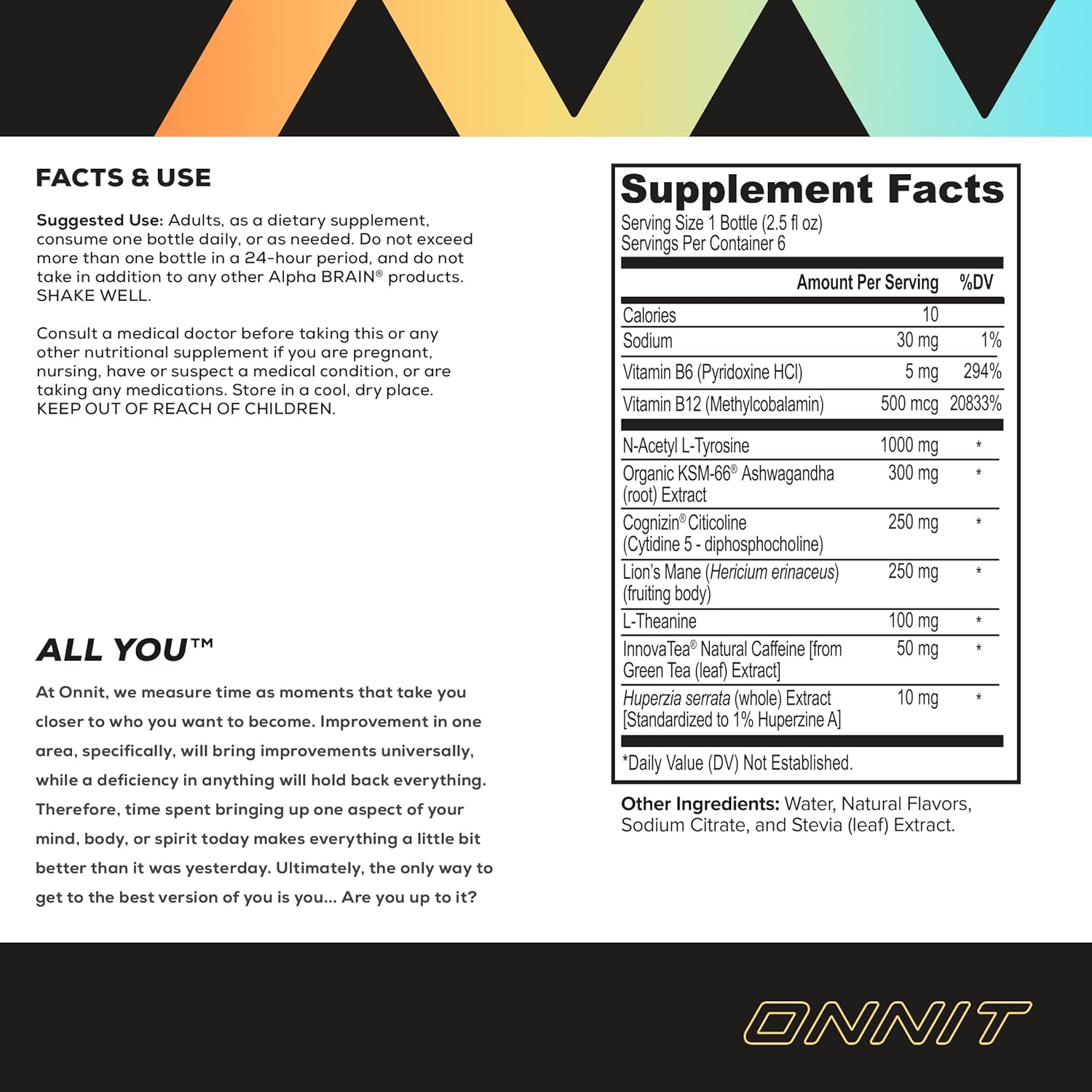 ONNIT Alpha Brain Peach Energy Shot Supplement - Boost Energy, Focus, Mood, Reduce Stress - 6 Pack (2.5 fl oz each)