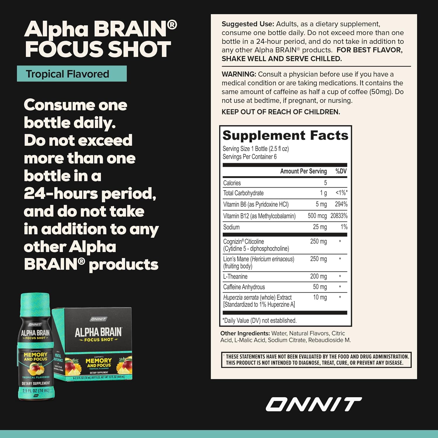 Onnit Alpha BRAIN Tropical Energy Shot Supplement - Boost Energy, Focus, Mood, and Brain Function - 2.5 fl oz, 6 pack