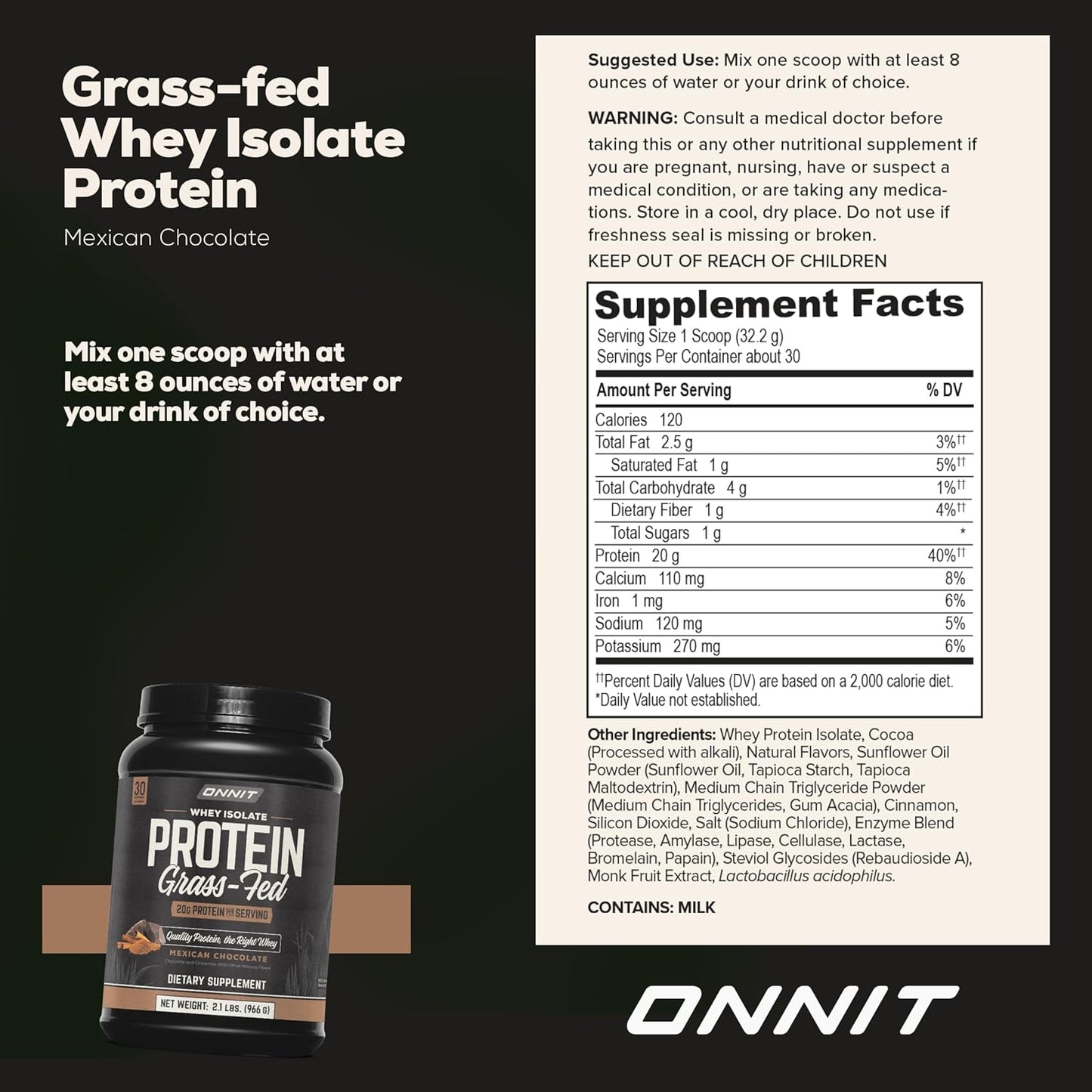 ONNIT Grass-Fed Whey Isolate Protein Powder - Mexican Chocolate Flavor (30 Servings)