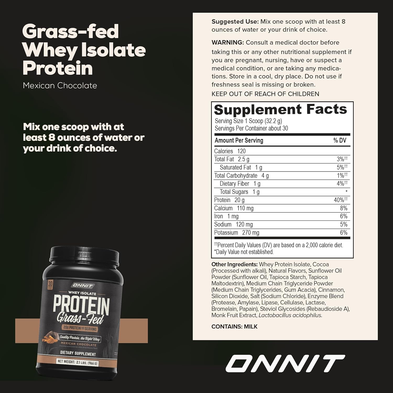 ONNIT Grass-Fed Whey Isolate Protein Powder - Mexican Chocolate Flavor (30 Servings)