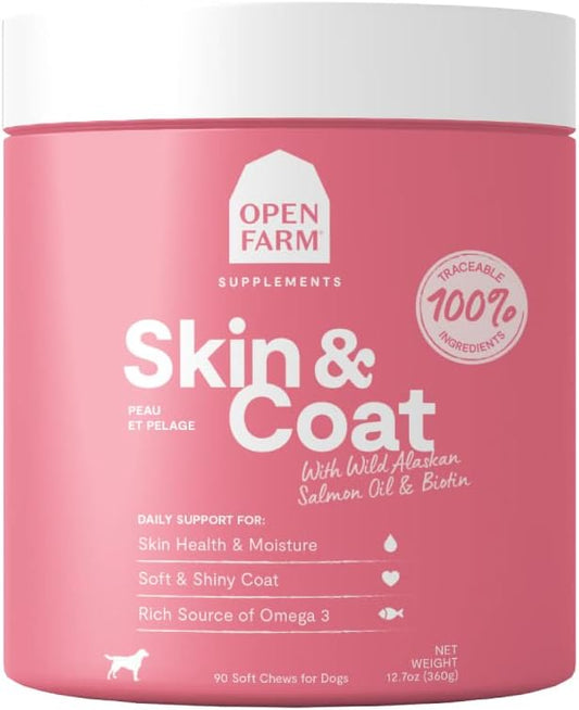 Open Farm Skin & Coat Chews for Dogs, 90 Count, 12.7 oz, Traceable Ingredients for Soft & Shiny Coat, Vet-Approved Supplement