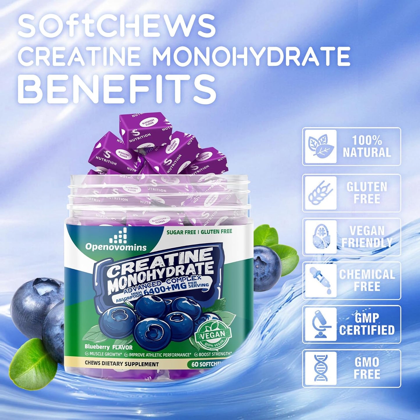 Openovomins Creatine Monohydrate Soft Chews Complex 6400mg with L-Taurine and Vitamin B12 - Sugar Free Blueberry Supplement for Men and Women, 60 Chewables