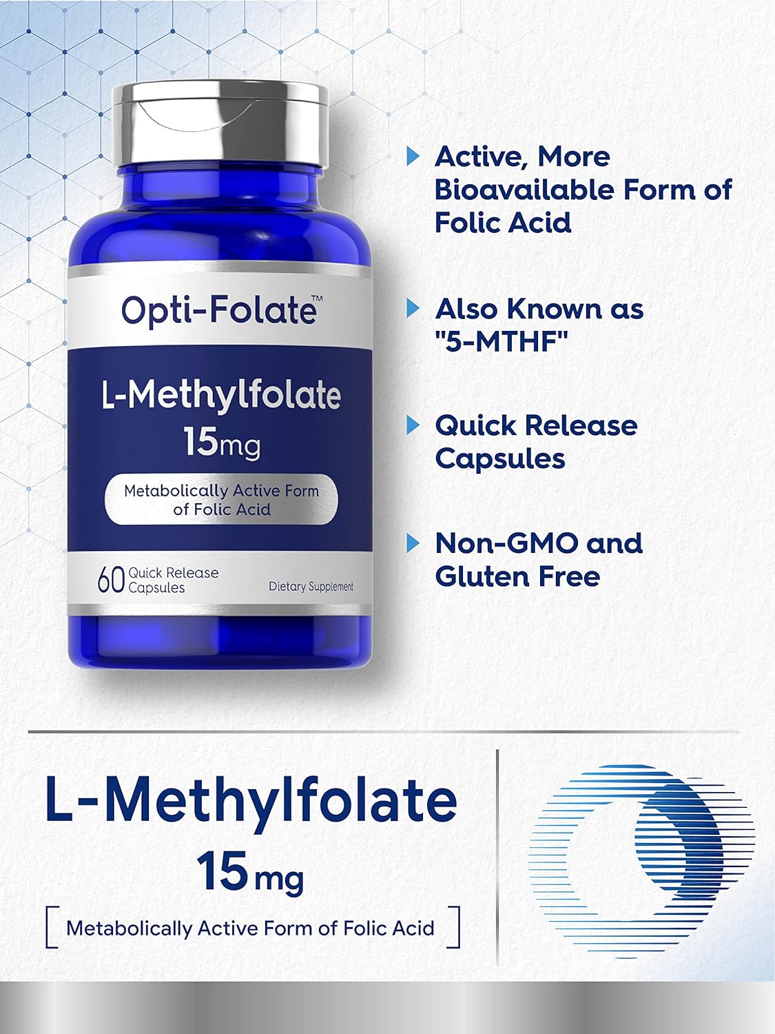 Opti-Folate Methylfolate 15mg Capsules - Max Potency, Activated 5-MTHF Supplement - Non-GMO, Gluten Free - 60 Count