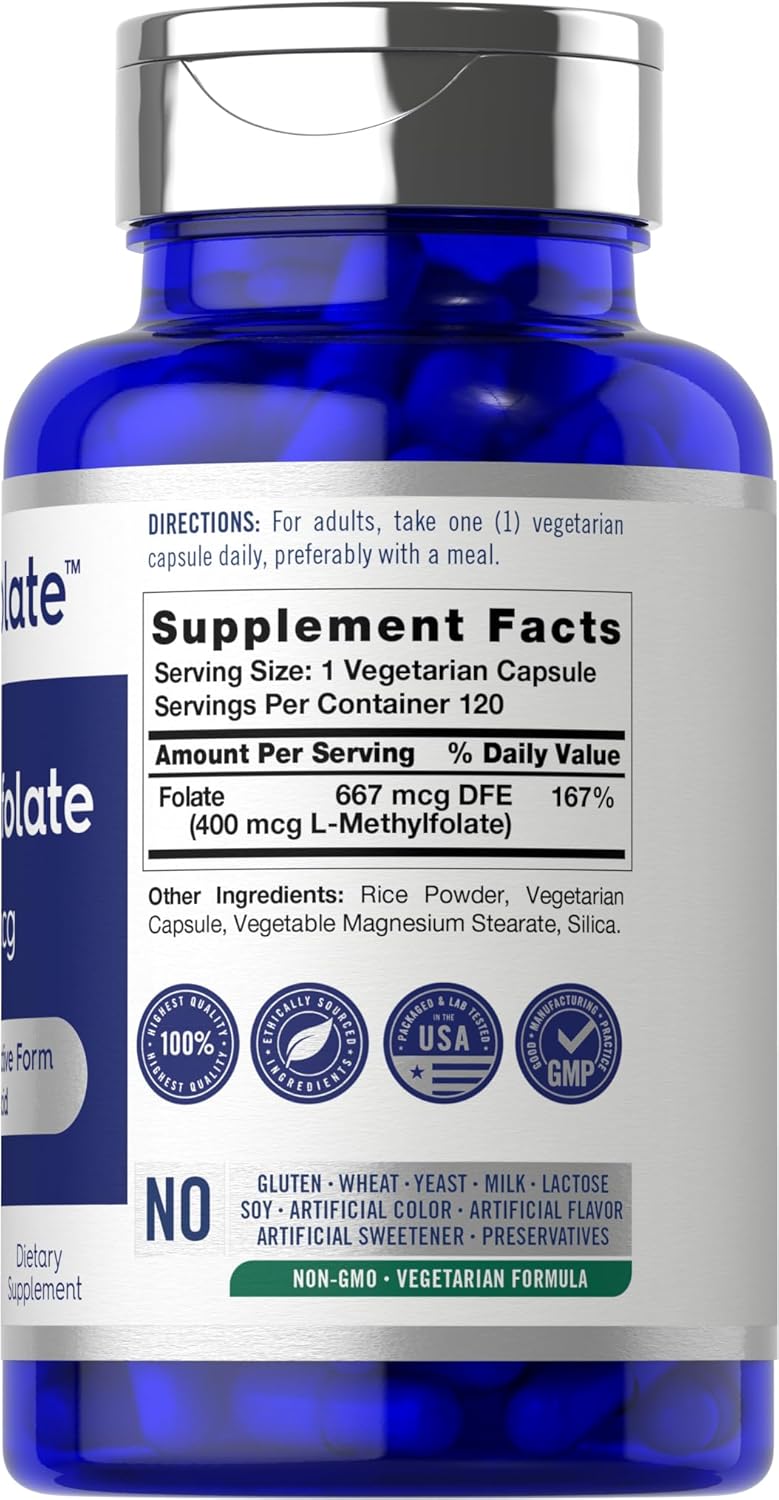 Opti-Folate Methylfolate 400mcg Capsules - 120 Count, Vegetarian, Non-GMO, Gluten Free - Activated Folate Supplement