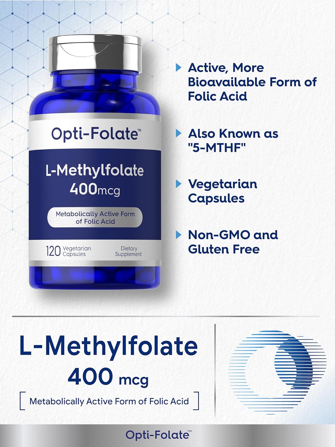 Opti-Folate Methylfolate 400mcg Capsules - 120 Count, Vegetarian, Non-GMO, Gluten Free - Activated Folate Supplement