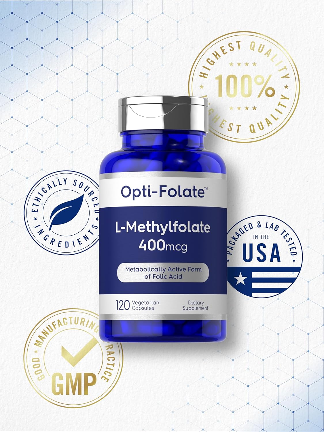 Opti-Folate Methylfolate 400mcg Capsules - 120 Count, Vegetarian, Non-GMO, Gluten Free - Activated Folate Supplement