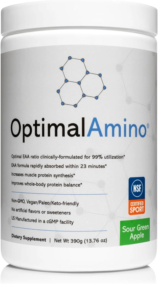 OptimalAmino EAA Supplement Powder | Sour Green Apple Flavor | NSF Certified | Muscle Recovery & Workout Aid