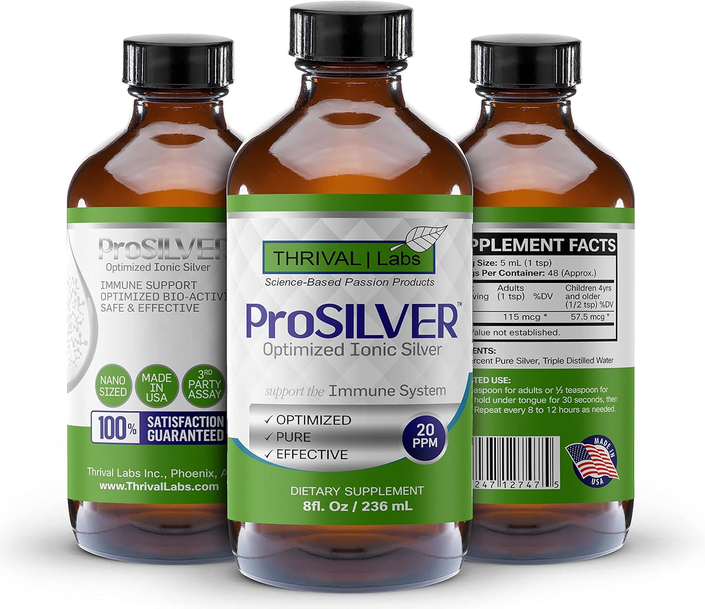 Optimized 20 PPM Ionic Colloidal Silver Liquid for Immune Support - 48 Servings, 8oz - Dark Glass Bottle with Dropper - Thrival Labs