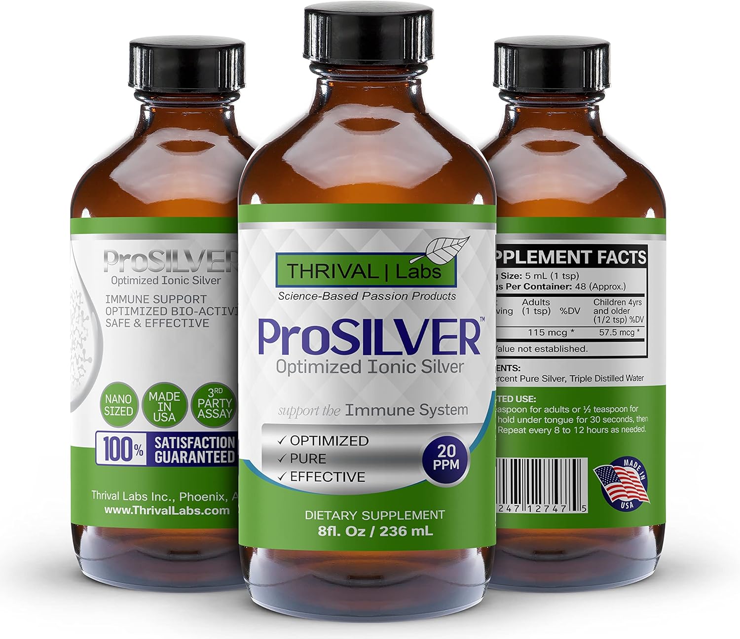 Optimized 20 PPM Ionic Colloidal Silver Liquid for Immune Support - 48 Servings, 8oz - Dark Glass Bottle with Dropper - Thrival Labs
