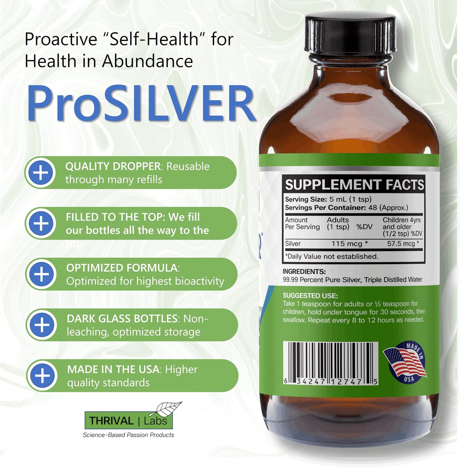 Optimized 20 PPM Ionic Colloidal Silver Liquid for Immune Support - 48 Servings, 8oz - Dark Glass Bottle with Dropper - Thrival Labs