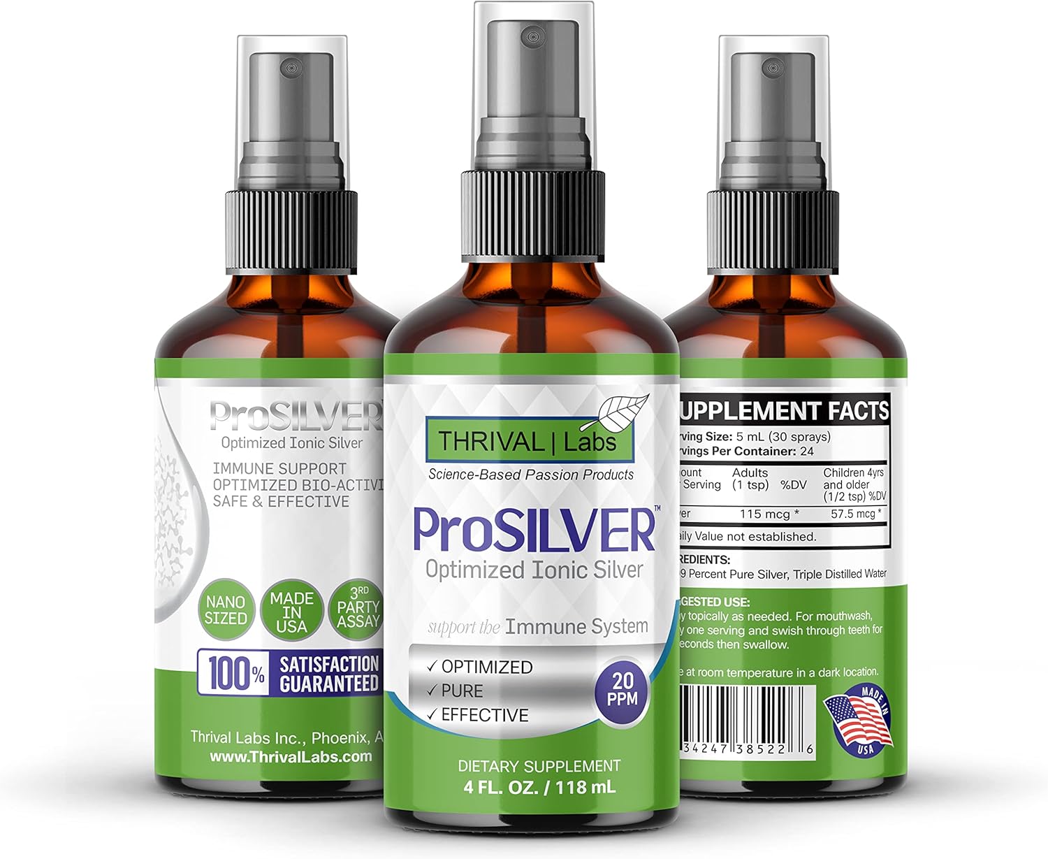 Optimized 20 PPM ProSILVER Ionic Colloidal Silver Liquid Spray for Immune Support - 4oz Dark Glass Bottle, 24 Servings by Thrival Labs