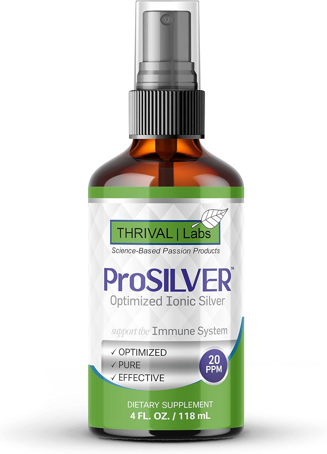Optimized 20 PPM ProSILVER Ionic Colloidal Silver Liquid Spray for Immune Support - 4oz Dark Glass Bottle, 24 Servings by Thrival Labs