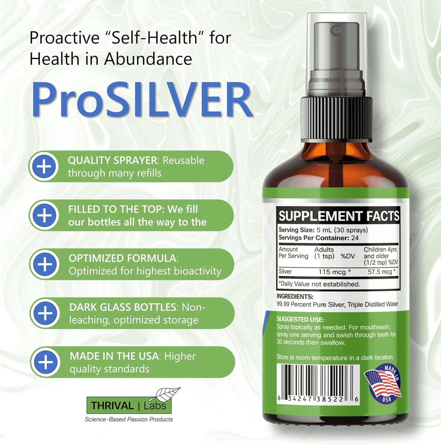 Optimized 20 PPM ProSILVER Ionic Colloidal Silver Liquid Spray for Immune Support - 4oz Dark Glass Bottle, 24 Servings by Thrival Labs