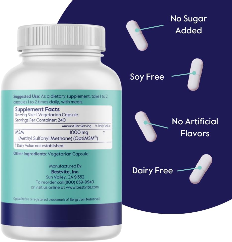 OptiMSM MSM 1000mg Supplement for Joint Support (480 Capsules) - GMO Free, Gluten Free - No Stearates - Bestvite