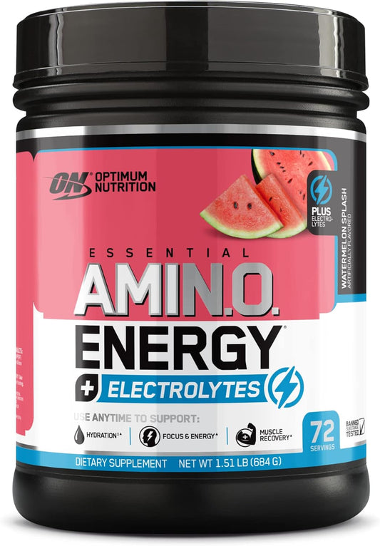 Optimum Nutrition Amino Energy & Electrolytes Powder - Watermelon Splash Flavor - Pre-Workout Drink for Energy, Focus, and Recovery - 1.51 lb (72 Servings)